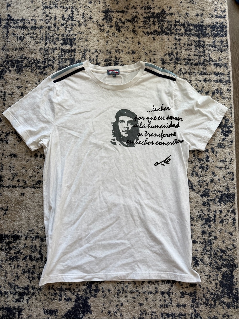 White Short Sleeve Graphic Tee with Shoulder Stripe